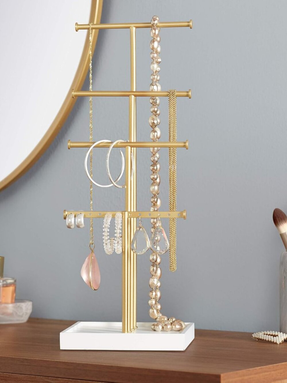 Amazon Basics 4-Tier Jewelry Organizer Tree Stand – White/Brass